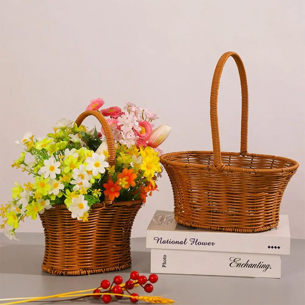 Gift Imitation Rattan Handhold Weaving Basket Brown with Handle Braid Storage Baskets Living Room Home Decoration Hanging Basket