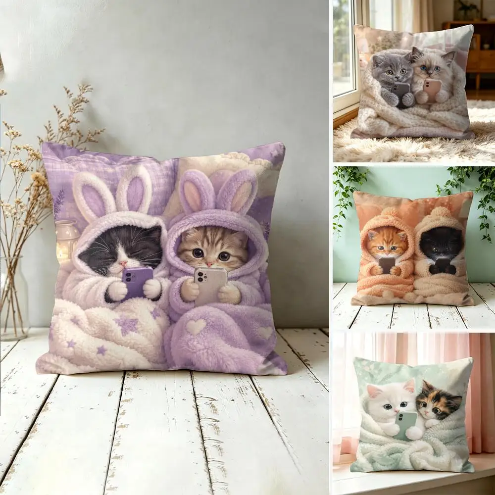 Vibrant Style Charming Kitten Pillow Case Double-Sided Plush Sofa Cushion Covers Organic Breathable Invisible Zipper