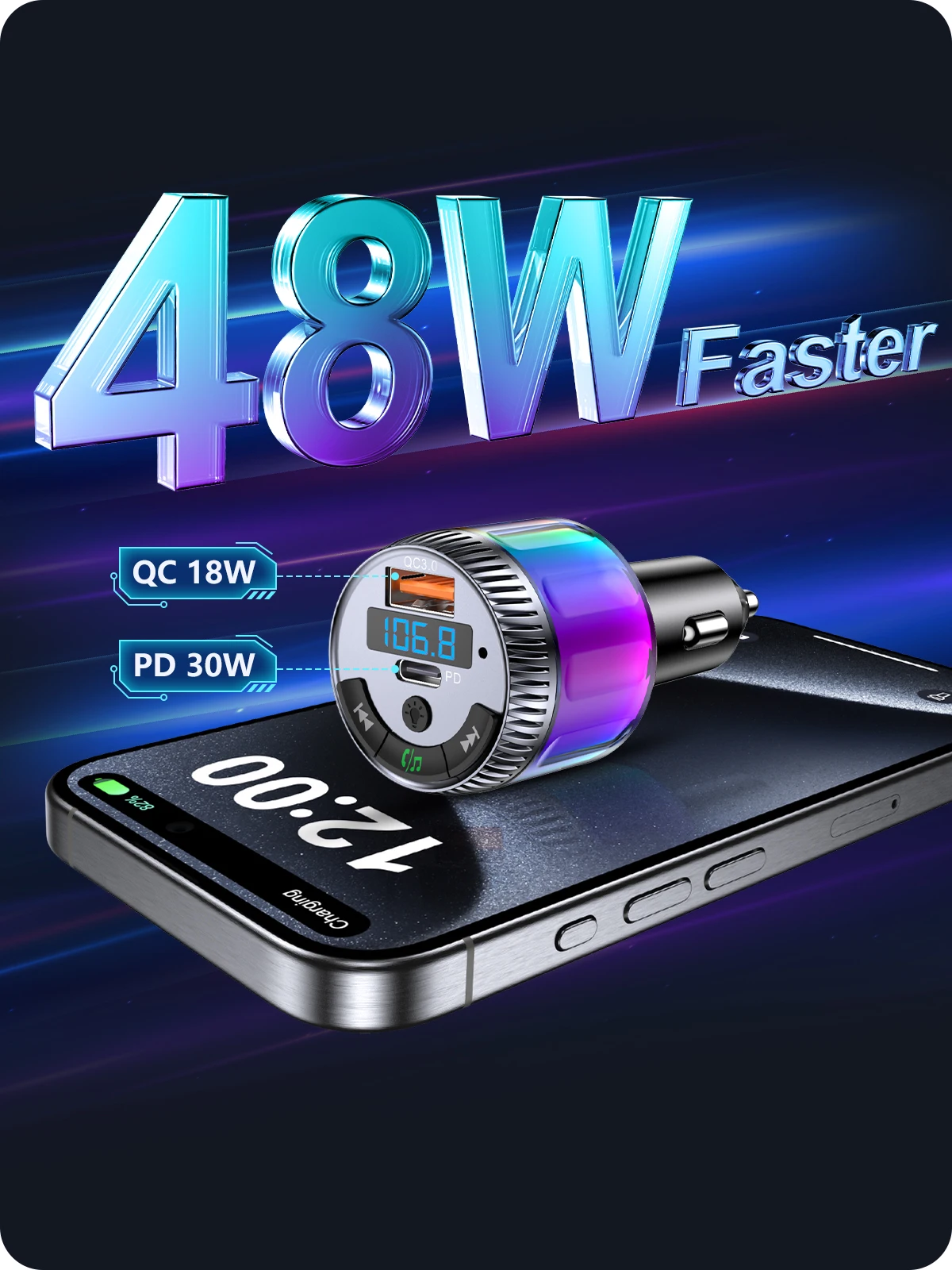 LENCENT Bluetooth 5.3 FM Transmitter Bluetooth Car Adapter with Type C PD 30W & QC3.0 USB Fast Charger Hi-Fi Music Adapter