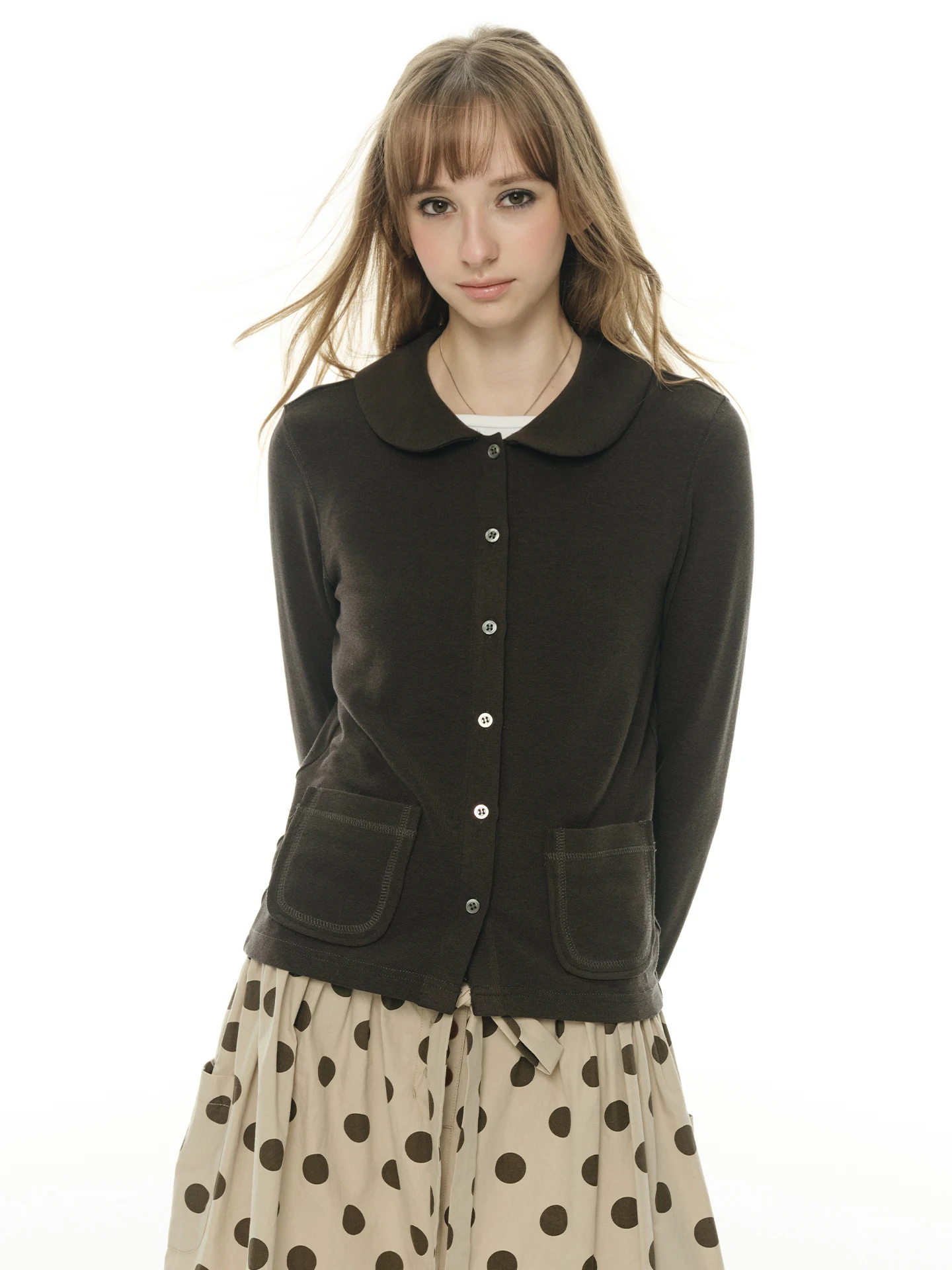 UNRETRO Pure Color Retro Doll Collar Knitted Open Cardigan Women's New Style Soft Anti-Aging Long Sleeve Elegance Top Coat