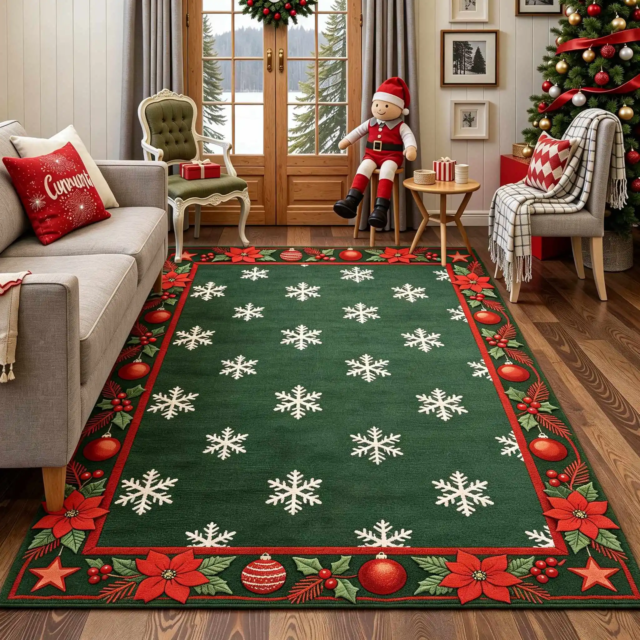 [2d Flat]1pc Green Base White Snowflake Red Christmas Ball Christmas Element Pattern Christmas Festive Holiday Style Area Carpet Suitable for Large Living Room Bedroom Dining Room Kitchen Study Room