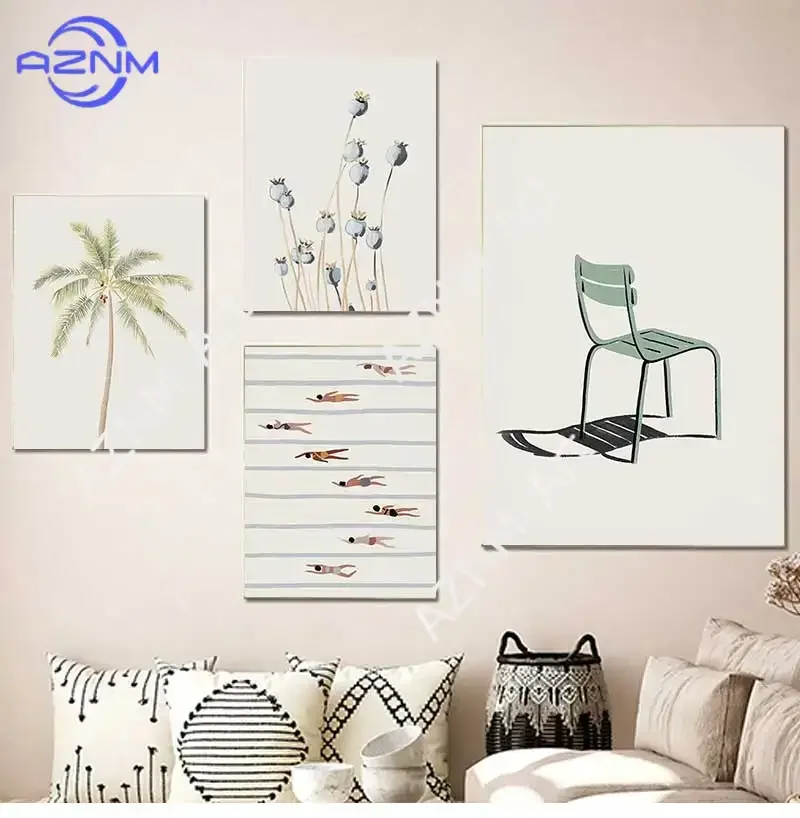 Minimalistische Strand- und Ozean-Wandkunst mit Blumenmotiven, Segelboot-Leinwandgemälde, Pool-Poster und -Drucke, Bilder für die Wohnzimmerdekoration