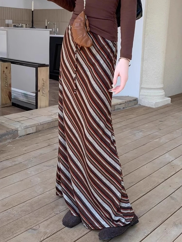 Streetwear Vintage Contrast Color Stripe Women Skirt Autumn Y2k Aesthetic A-line Long Skirts Harajuku Drawstring Grunge Faldas