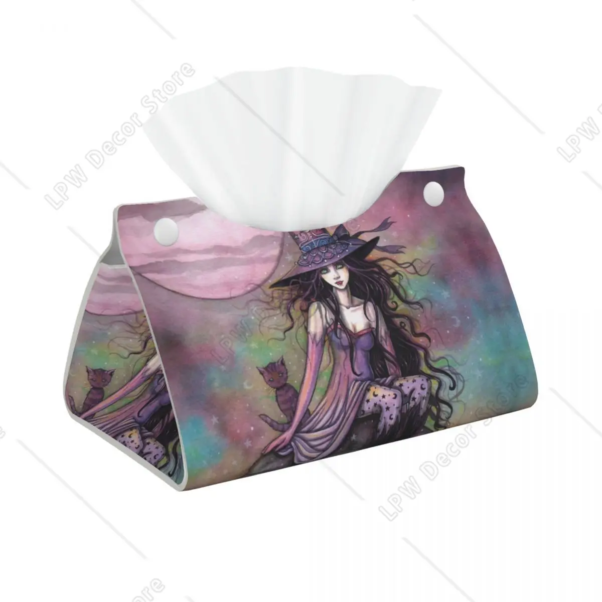 

Enchanted Twilight Witch Cat Fantasy Art Tissue Box Holder Rectangular Halloween PU Leather Facial Tissue Box Cover for Car Home