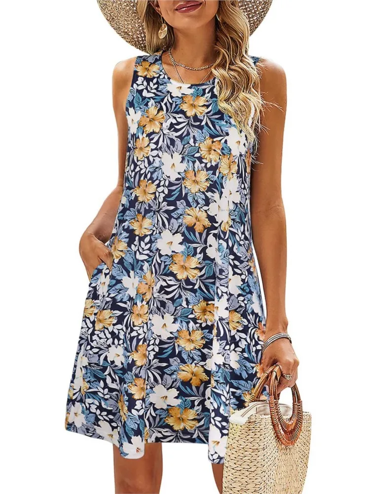 Abito con stampa floreale alla moda Lady Casual O Collo senza maniche Abiti larghi per le donne Estate Boho Holiday Beach Gonna Abbigliamento da donna