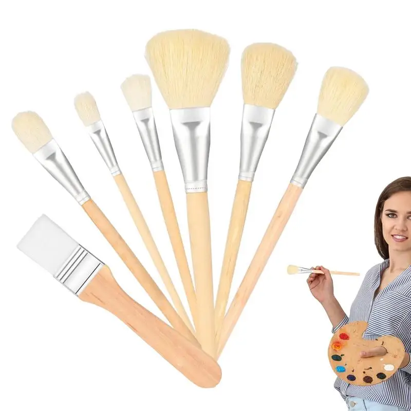 

7pcs Goat Hair Mop Brush Goat Hair Paint Brush Set Wood Color Paint Brushes Versatile Blending Brush For Acrylic Painting