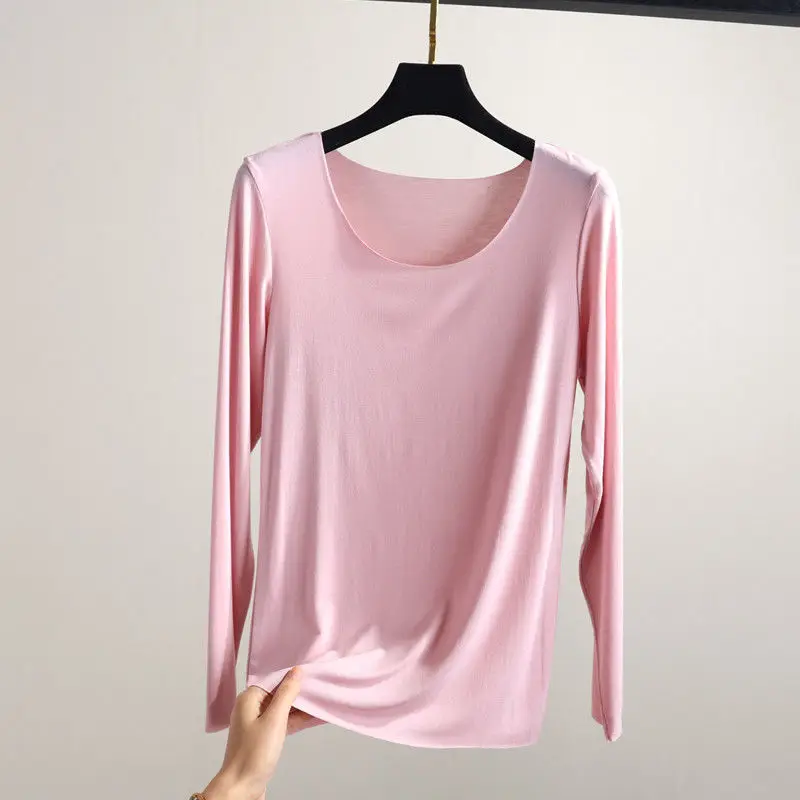 

Modal Base Female Autumn Winter Without Trace Long Sleeves with T -shirt Solid Thin Clothes Versatile Repair Round Neck Top