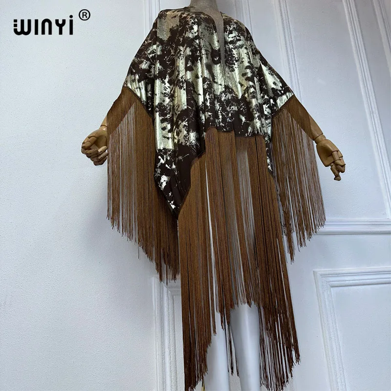 Okrycie kimono WINYI letnie Bikini we wzory w stylu boho eleganckie modny kardigan seksowne wakacje z długimi rękawami maxi sukienka z frędzlami