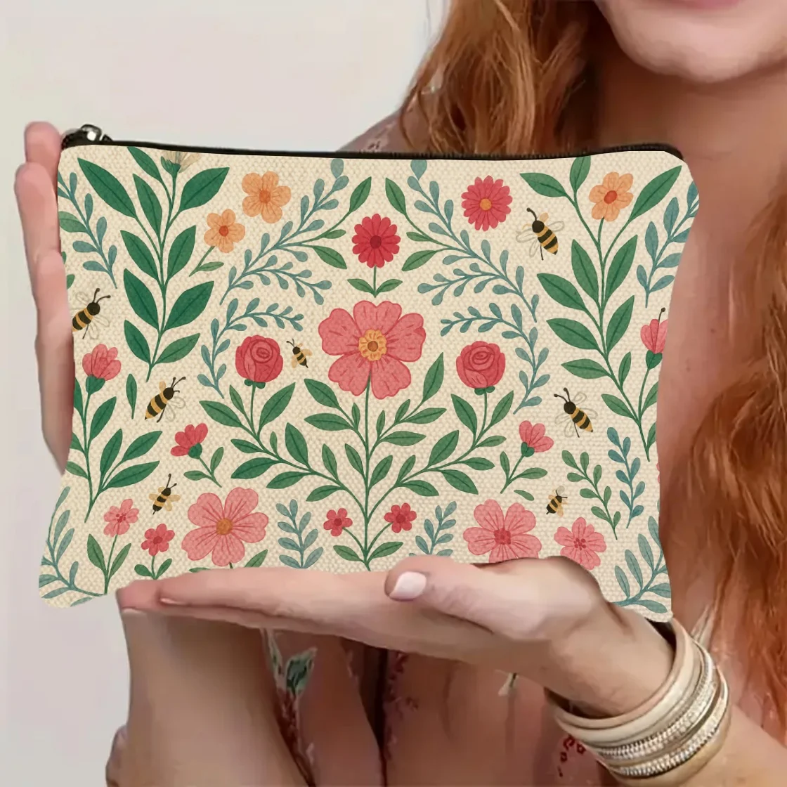 A Retro floral and bee makeup bag - cute multifunctional zip pouch for women, jewelry storage bag
