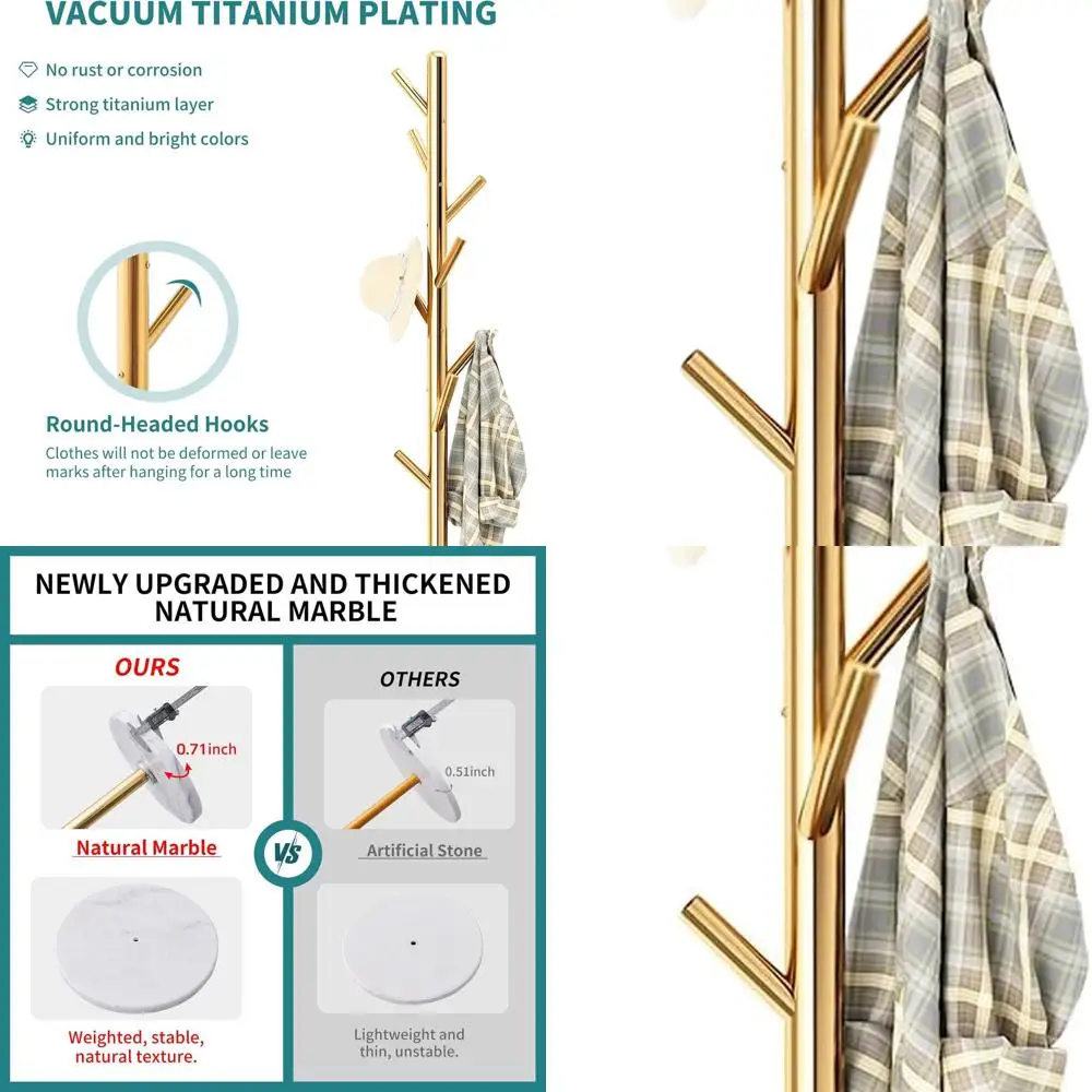 

Напольная вешалка для одежды из нержавеющей стали с 8 крючками и основанием из натурального мрамора для прихожей и коридора (золотистая отделка)