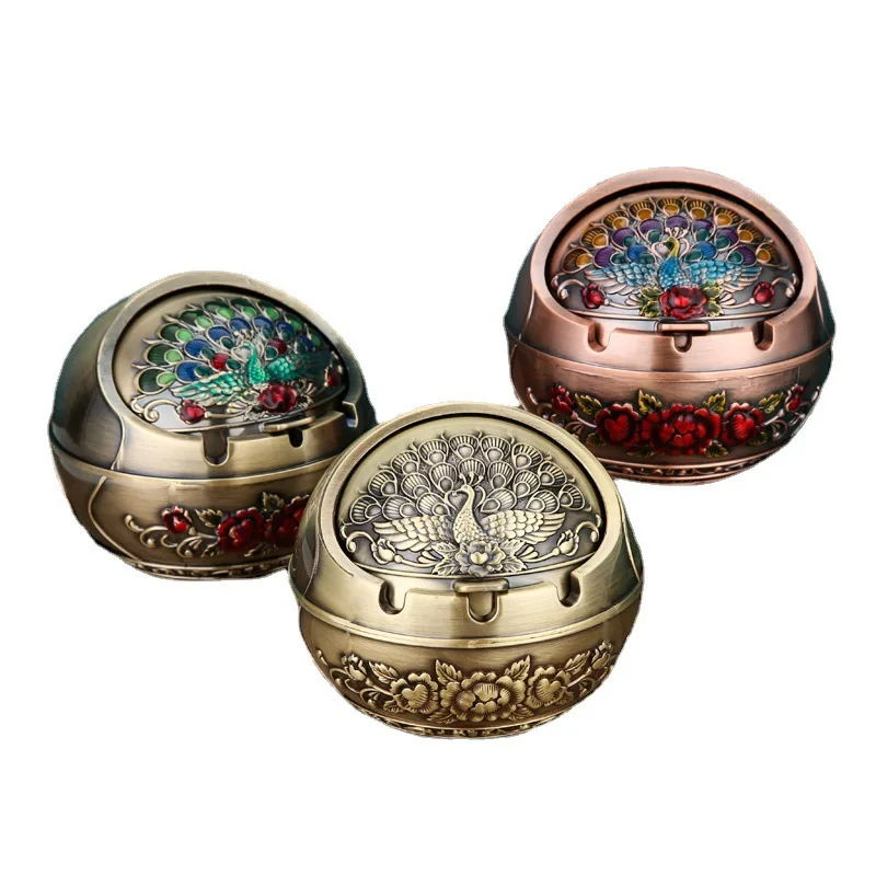 Dragon Phoenix Peacock Pattern Ashtray with Lid  Anti Flying Ash & Odor Proof Household Living Room Creative Trendy Ornament