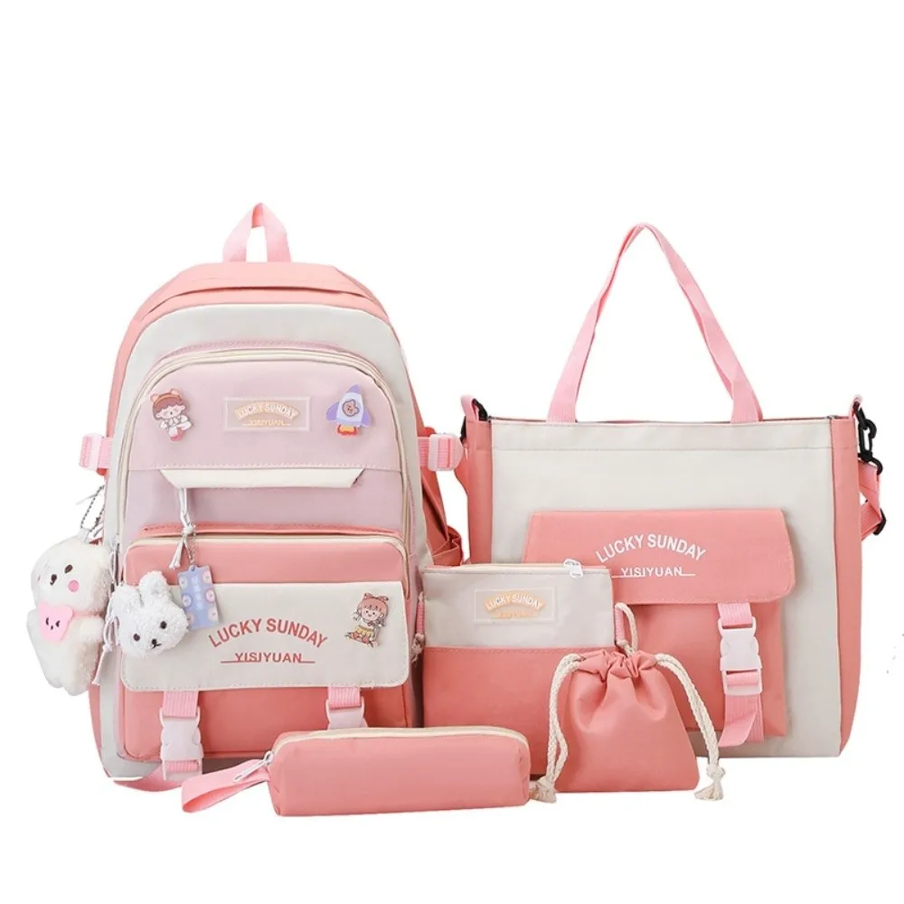 Conjunto de mochila bonita de gran capacidad, bolso cruzado con hebilla transpirable, bolsa de lápices multifuncional para escuela, 5 uds.