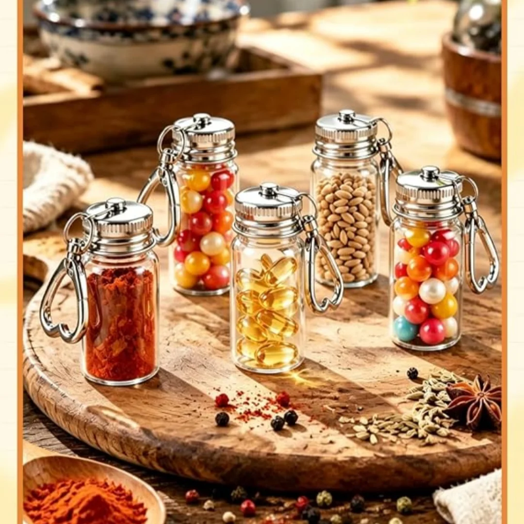 Mini Seasoning Bottles Keychain, 12Pcs (8Pcs Empty Refillable Glass Bottle) With Pen Label, For Home Crafts, Travel Camping, Gif