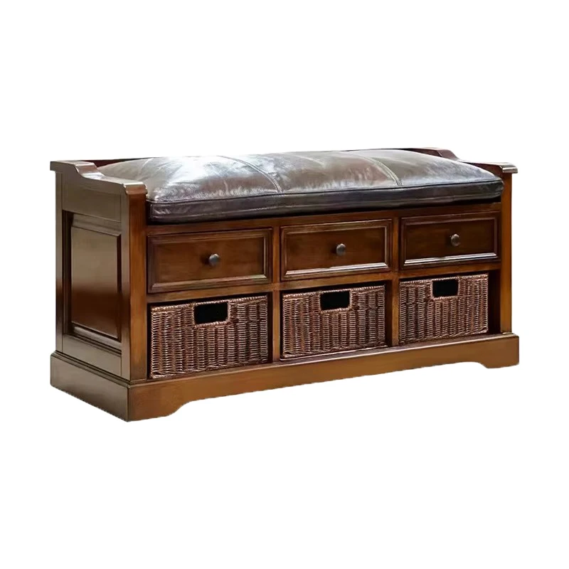 American & European Retro Solid Wood Shoe Bench - Real Leather Entryway Storage Bench with Drawer, Multi-Functional