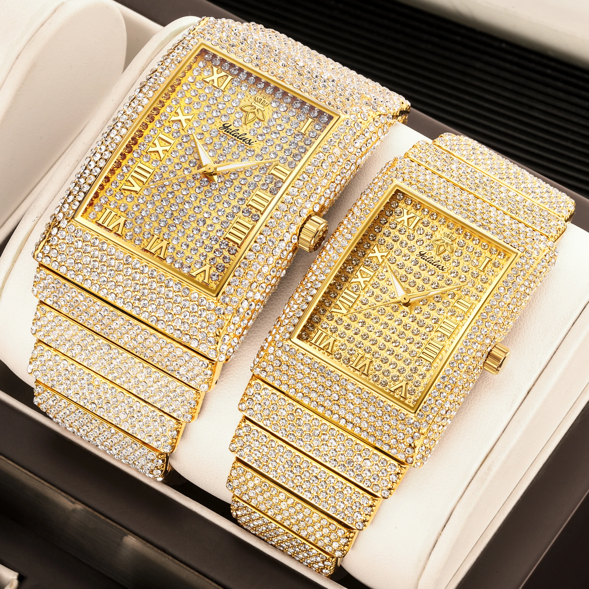 YaLaLuSi Brand Sparkling Couple's Quartz Watch Stylish Golden Star Rhinestone Watch Gift Box Gift for Couple
