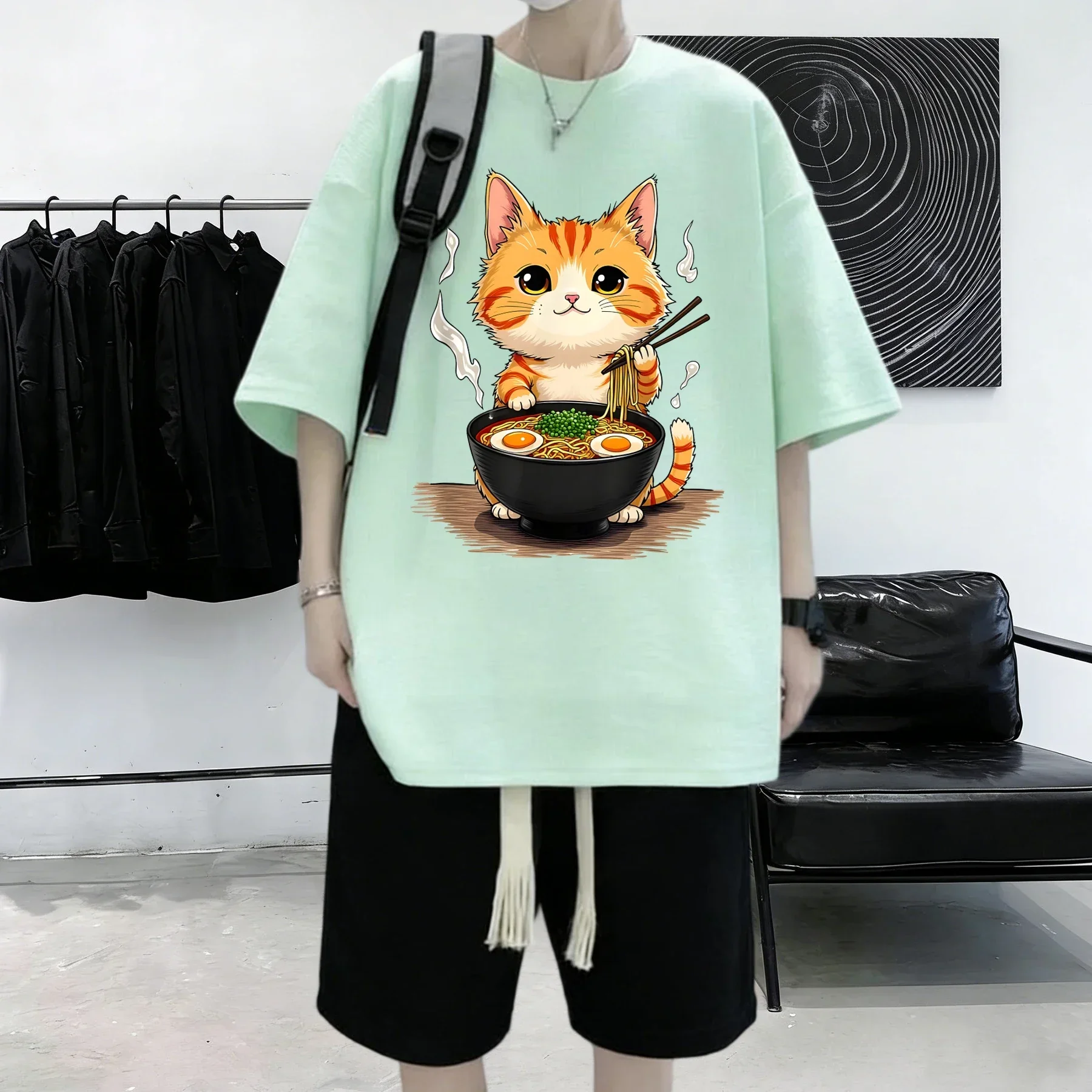 Kitten Who Likes To Eat Lamian Noodles Printing Men'S Summer Cotton Short Sleeve Fashion Street T Shirts Loose Sport Clothes