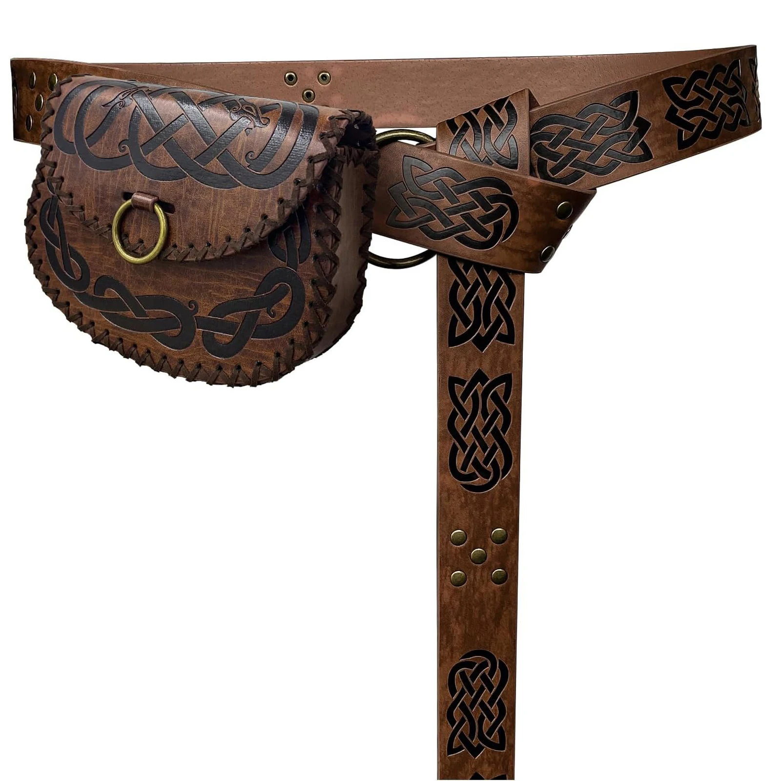 Medieval Viking Embossed Leather Waist Belt with Celtic Patterned Fanny Pack Cosplay Props Renaissance Costume Accessorie