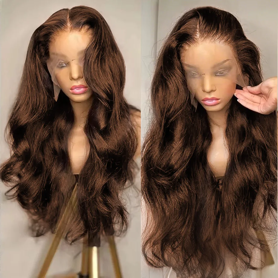 

Шоколадно-коричневый парик с объемной волной, 100% человеческие волосы 13x6 HD, прозрачный парик с фронтальной частью шнурка, цветные волны воды, парики с фронтальной частью шнурка