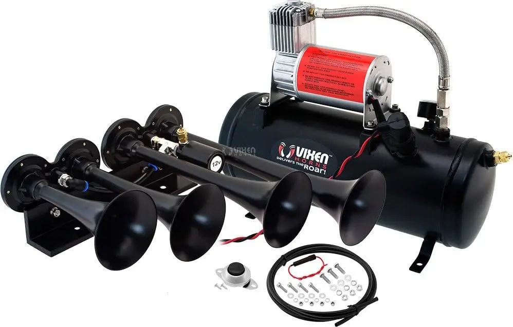 

Train Horn Kit for Trucks/Car/Semi. Complete Onboard System- 150psi Air Compressor, 1.5 Gallon Tank, 4 Trumpets. Sup