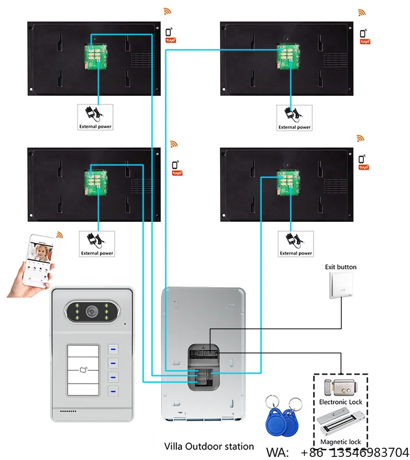 

4 WiFi Video Doorbell Kits for s Wired IR Outdoor 7 Inch Video Intercom System Supporting ID Unlock for