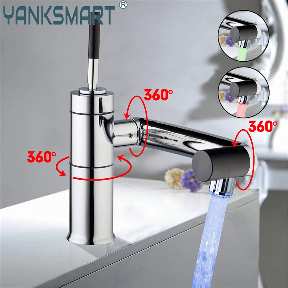 YANKSMART LED Bathroom Faucet Basin 720 Degree Rotating Torneiras Chrome Polished Faucets Deck Mounted Sink Mixer Water Tap