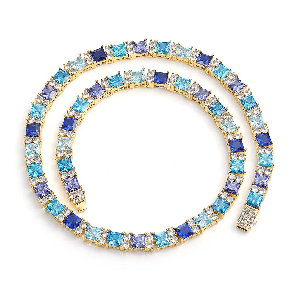 Hip Hop Iced Out Brass Cubic Zirconia Tennis Necklace 7MM Gradient Blue Square CZ Chain Fashion Party Jewelry Gift For Men Wome