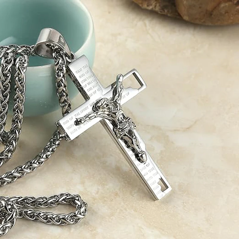 Men's Stainless Steel Cross Jesus Christ Crucifix Bible Prayer Pendant Necklace 24