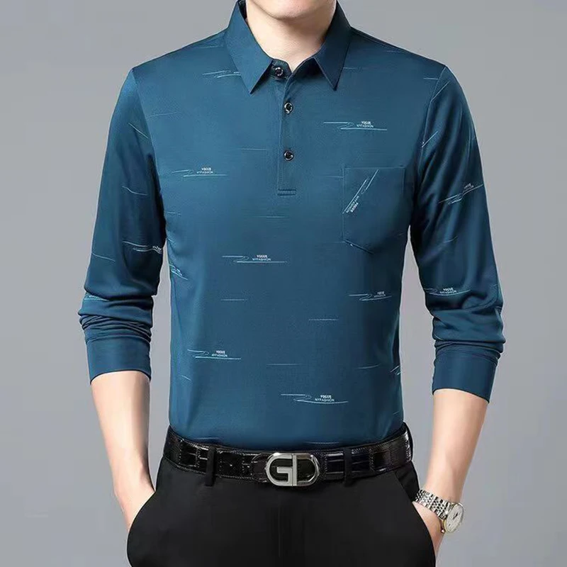 Fashion Lapel Button Pockets Printed Business Polo Shirts Men's Clothing 2024 Autumn New Loose Casual Tops All-match T-Shirt