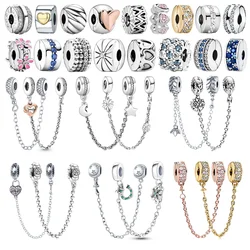 Spacer Clip Charms Safety Chain 925 Sterling Silver Pave Daisy Heart Charms Fit Pandora 925 Original Bracelet Women Jewelry