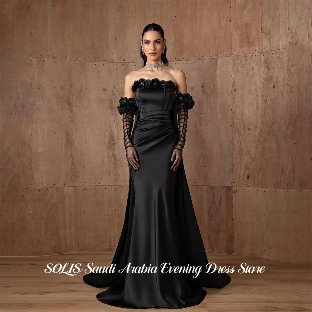 

SOLIS Black Party Dress Strapless Evening Dress with 3D Floral Trim Prom Gown فساتين مناسبة رسمية Customized