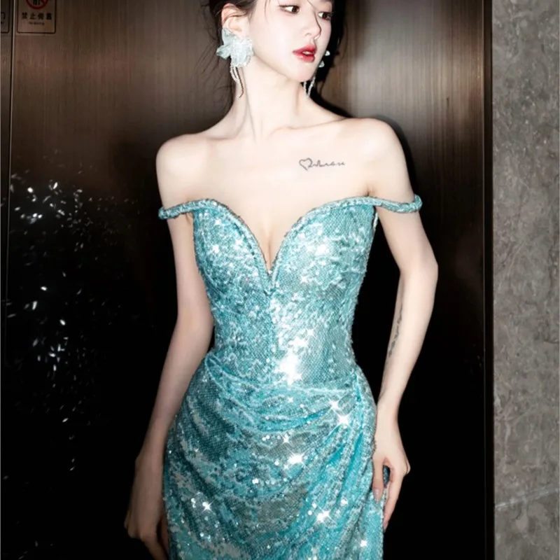 One-line shoulder blue new light luxury small people fish hime host sequined dress