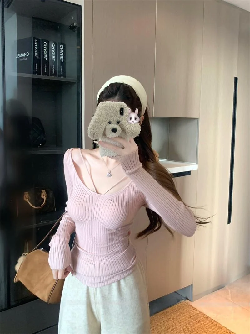 

Slim Fit Long Sve Knitted Sweater Women's U-Ne Waist-Cinching Base Layer Top Pink Color Commute Sle Korean Version