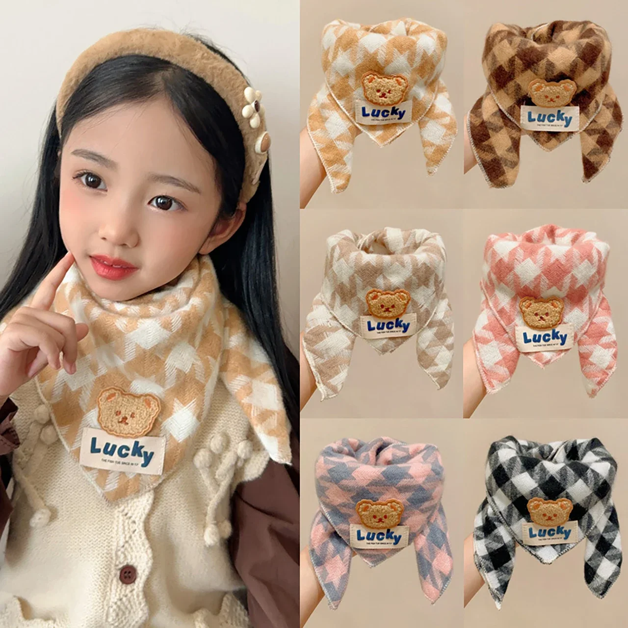 Cute Bear Baby Scarf Winter Imitation Cashmere Snood Neck Warmer Korean Plaid Triangle Shawl Cartoon Kids Neckerchief