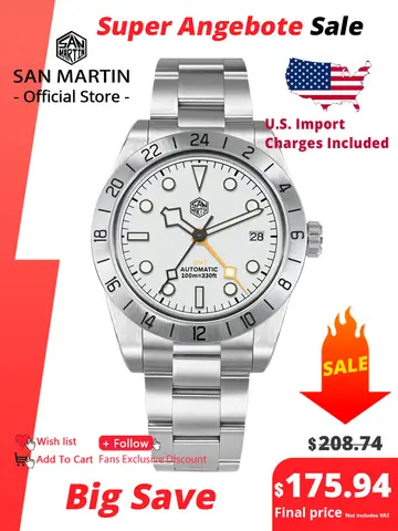 San Martin New 39mm NH34 BB GMT Automatic Mechanical Watch Sport Watch Sapphire Luminous Waterproof 100m for Men Relogio SN0054