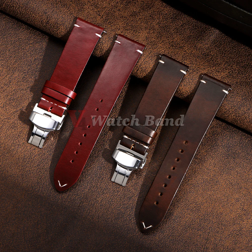 Goldene Schmetterlings-Schnalle Vintage Weiches Ölwachs-Uhrenarmband 18mm 19mm 20mm 21mm 22mm 24mm Armband Schnellverschluss-Uhrenband – Detail 8