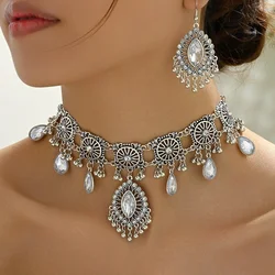 2pcs Vintage Indian Ethnic Style Jewelry Set For Women Crystal Inlaid Jewelry Sets Water Drop Pendant Necklace Earring Set