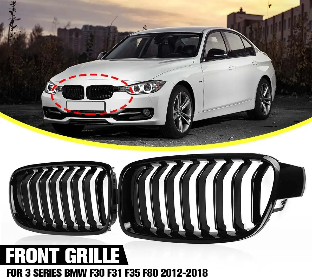 

For BMW 3 Series F30 F31 F35 F80 2012 2013 2014 2015-2018 Car Front Bumper Racing Grille Grill 1 Pair Gloss Black Kidney Grills