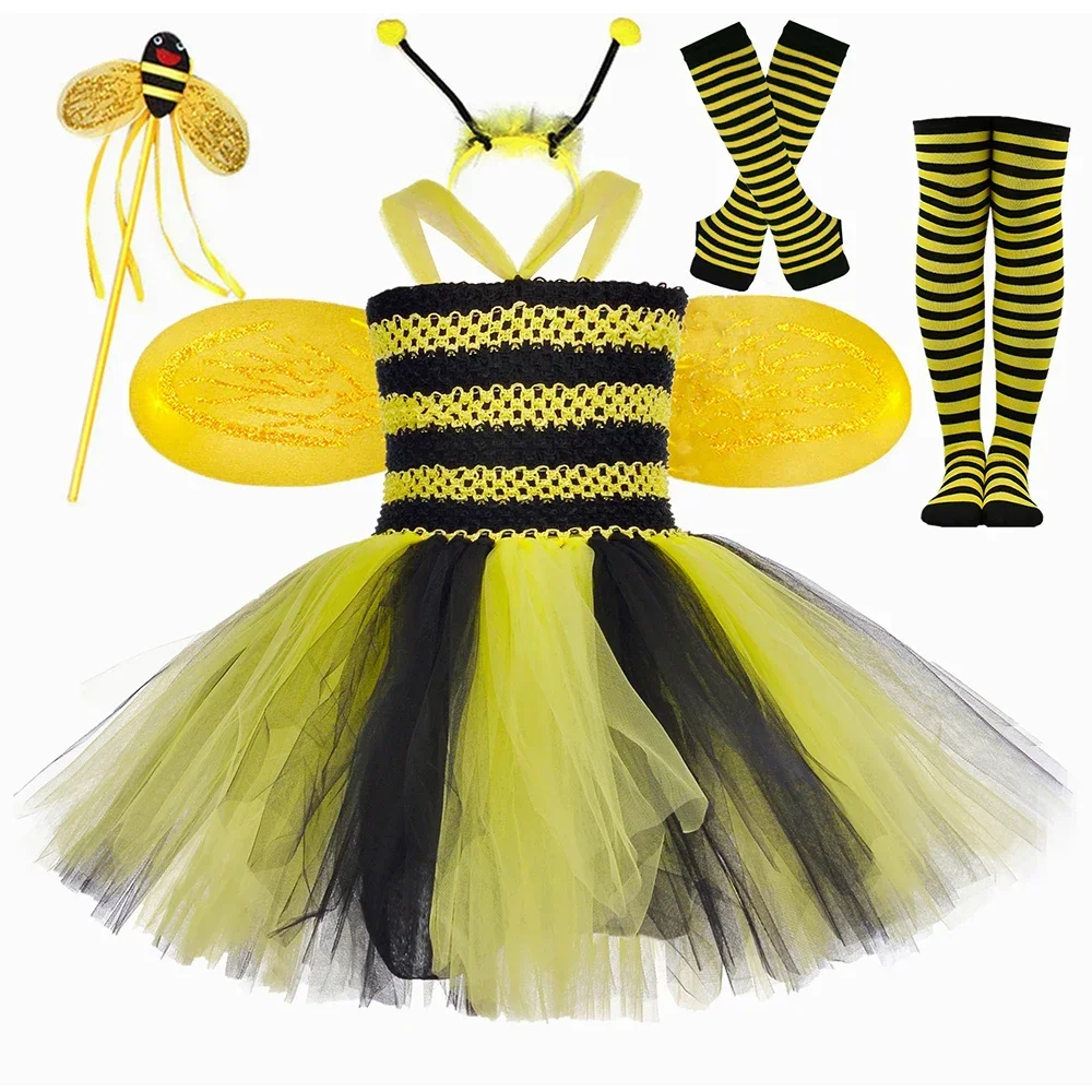 Bumble Bee Costume Kids Yellow Black Striped Cute Honeybee Tutu Dress Toddler Girls Halloween Birthday Party Dress Up Outfits