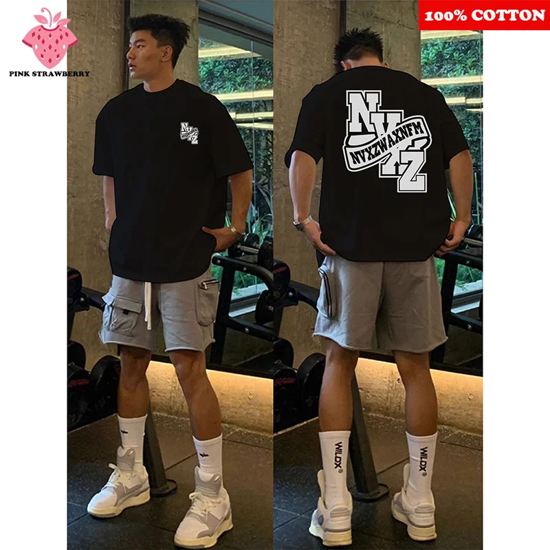 

American style Letter Print T-shirt Men Summer 2025 New 100% Cotton Short sleeve Hip-hop Street Sport Tee Y2k Top Male clothing