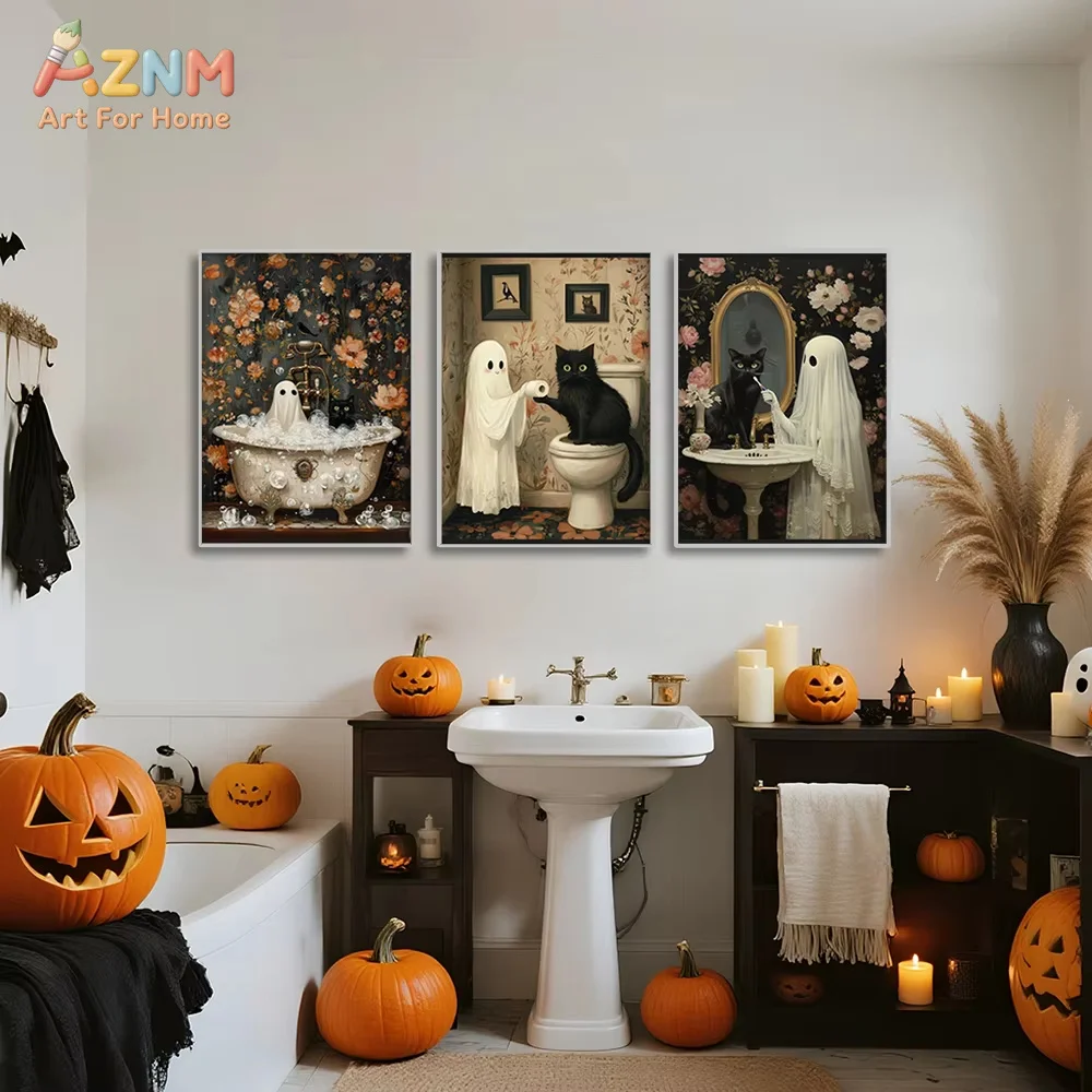 AZNM 3pcs Whimsical Ghost and Cat in Bathtub Canvas Prints Poster Vintage Funny Spooky Floral Art Prints Halloween Home Decor