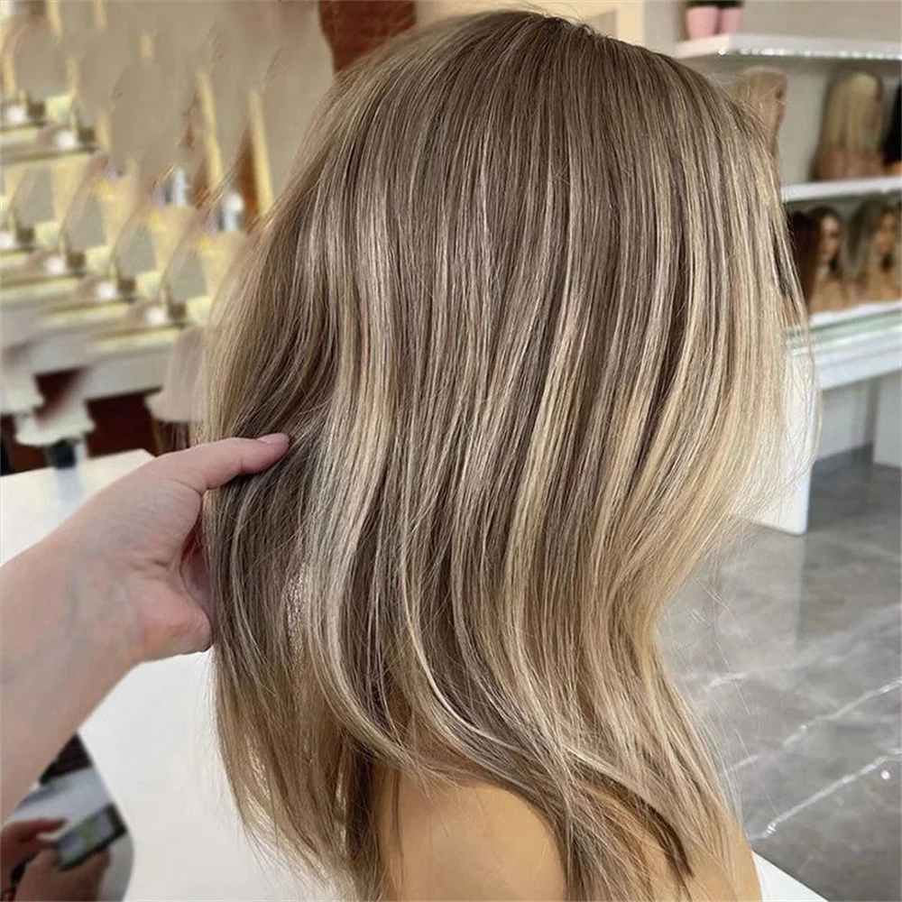 14 Inch Synthetic Lace Front Wig Ash Blonde with Brown Highlights Short Natural Wave Free Part Natural Hairline Wig for Women