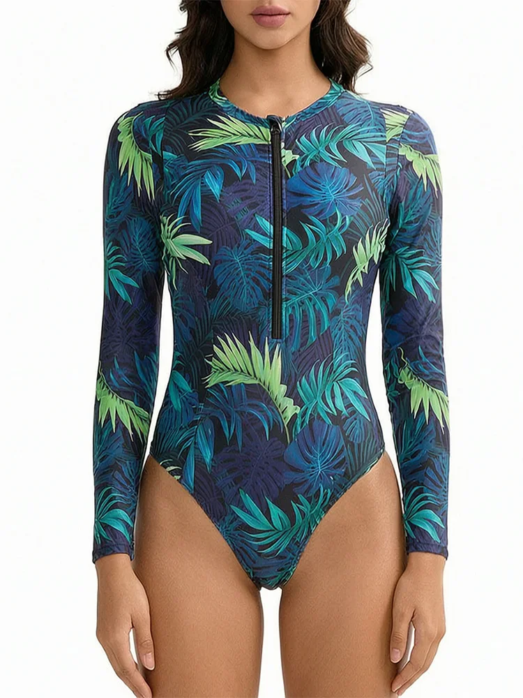 Women Long Sleeve One Piece Swimsuit Tropical Leaf Print Zip Up Rash Guard Athletic Bathing Suit Swimwear