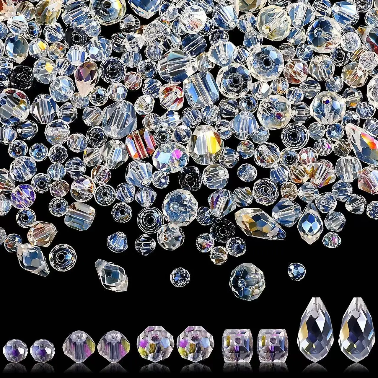 500pcs Beads&Bead Assortments Mixed Glass Loose Beads in Various Sizes and Shapes, Including Oval, Square, Teardrop, and Round.
