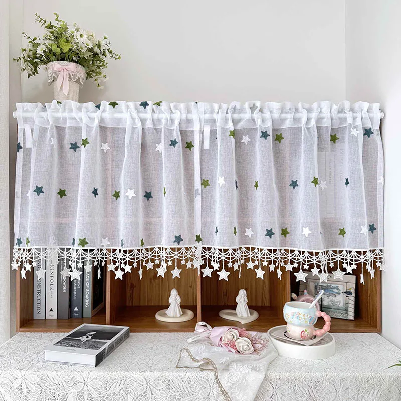 

Korean Cartoon Cute Stars Embroidered with Stars Tassel Lace Sheer Cafe Curtain For Kitchen Cabinets Small Windows Home Decor