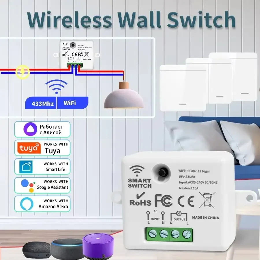 

Умный выключатель света Tuya WiFi RF433Mhz 1/2/3 Gang Панельный переключатель Smart Life APP Голосовое управление работает с Alexa Google Home Alice