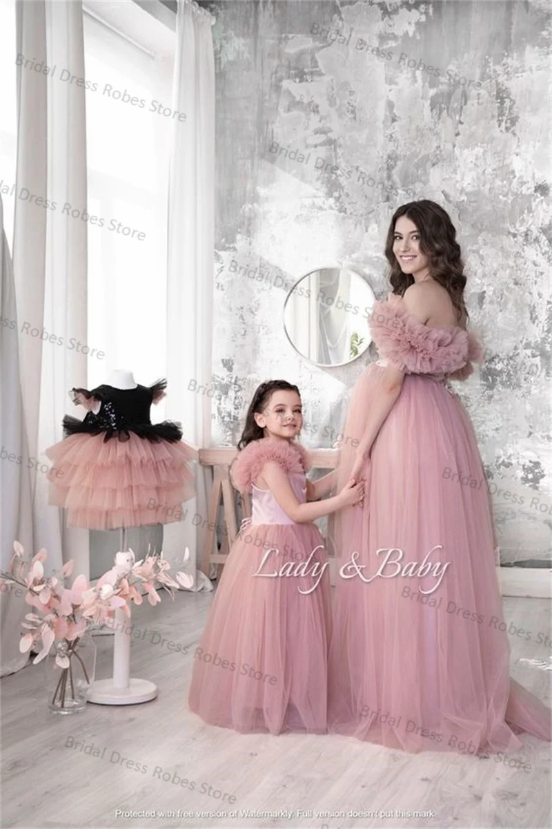 Pink Women Maternity Dresses for Photo Shoot Sexy Off Shoulder Short Sleeves Robe Tiered Tulle Prom Wedding Pregnant Custom Made