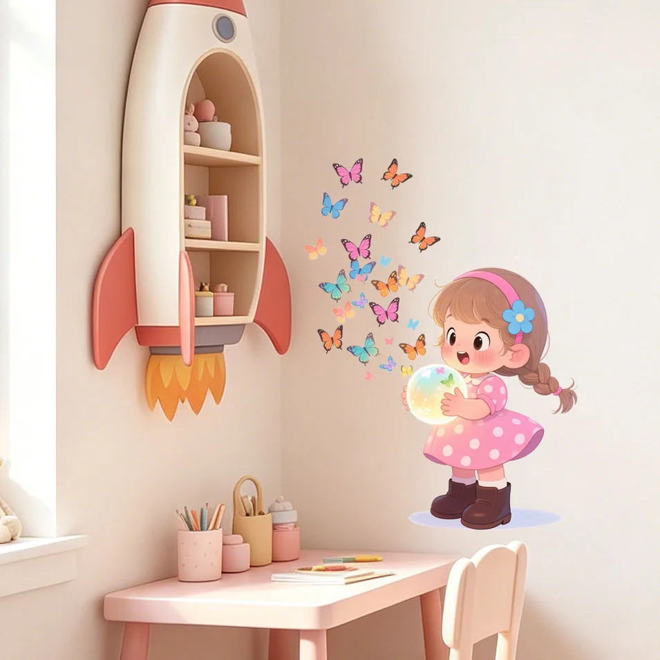 Cute Cartoon Little Girl Wall Stickers Pink Polka Dot Dress Colorful Butterflies Magic Bubble Wall Decals Removable Girls Nurser