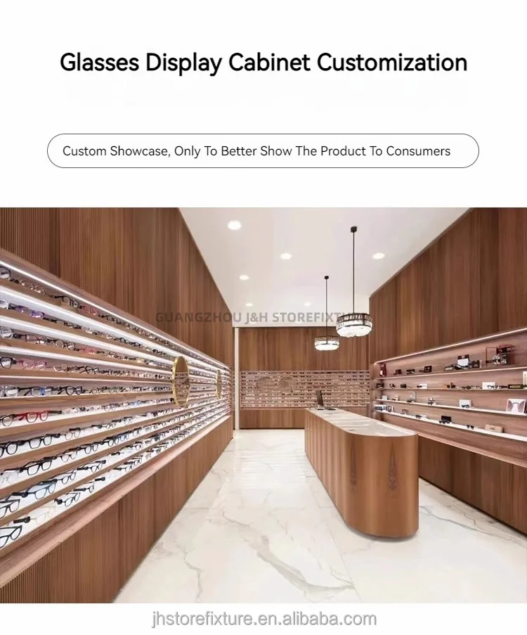 Theken-Design-Regal zur Wandmontage aus Holz für Brillen, individuelle Größe zum Fabrikpreis