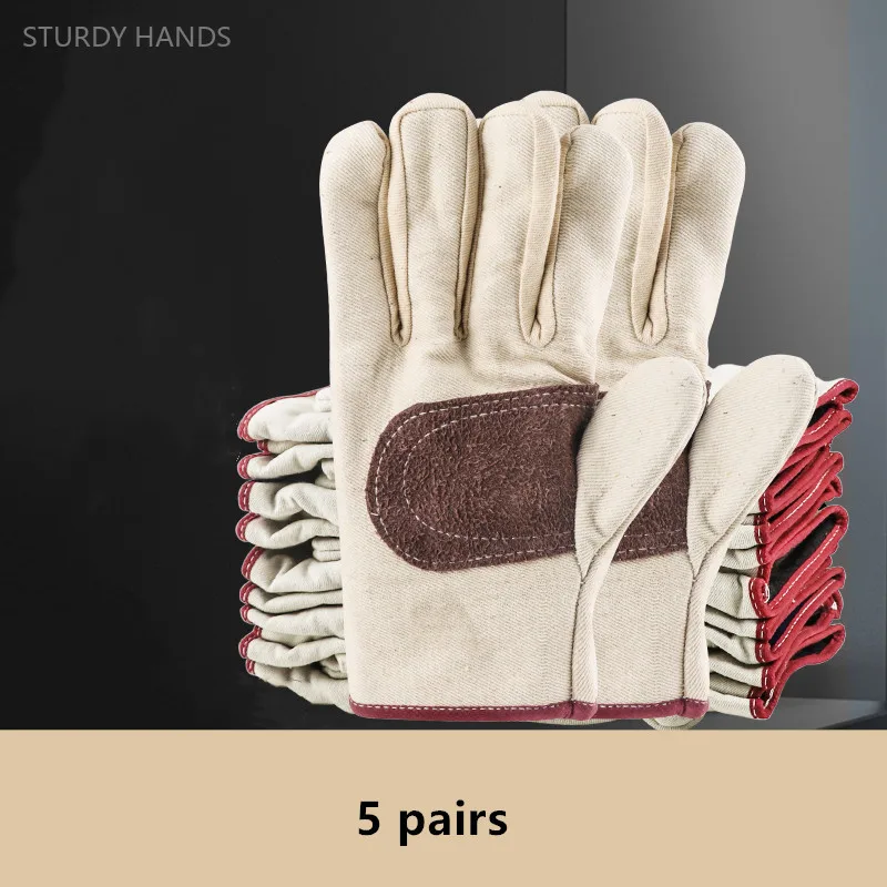 

5 Pair Layer Thick Canvas Gloves Labor Protection Wear Resistant Work Gloves High Temperature Hot and Welding Protective Gloves
