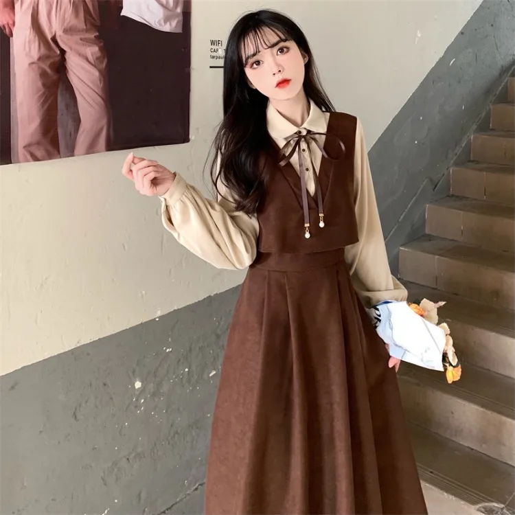 Vintage Patchwork Dress Long Sleeve Spring Autumn Preppy Style Temperament Clothing Fake Two Piece Female Slim Women Dresses